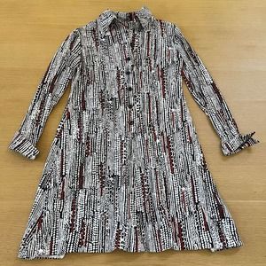 Women's Vintage Nancy Greer Red White Black Printed Shirt Dress Long Sleeve